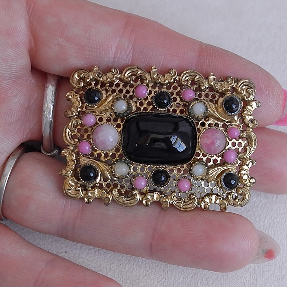Vintage Victorian Brooch Rectangular Brass Mesh Frame Pink Black Cabochon